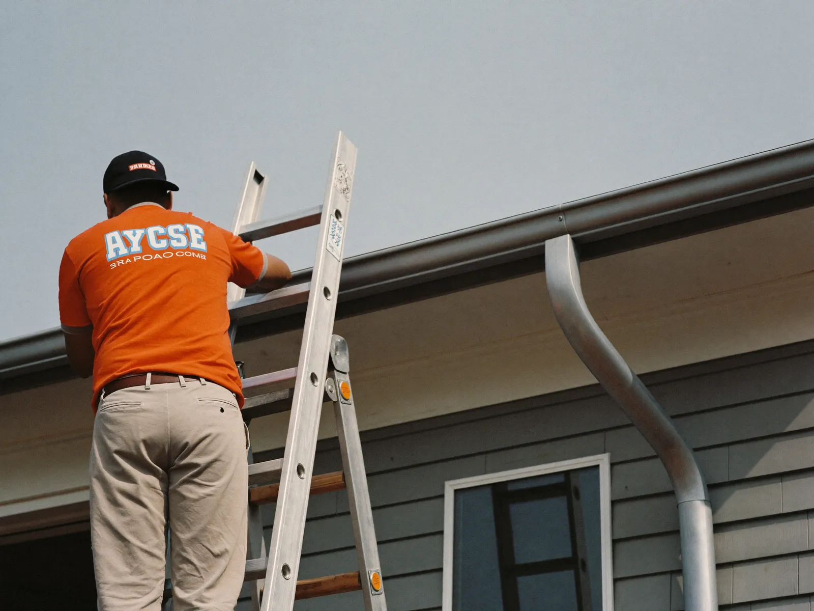 Seamless aluminum gutters being installed along a roofline
