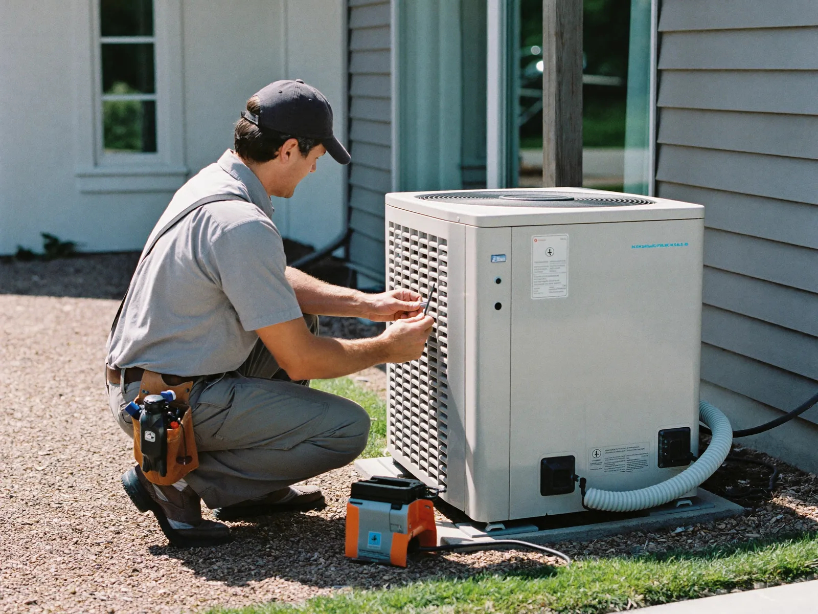 An HVAC technician servicing an outdoor air-conditioning condenser unit