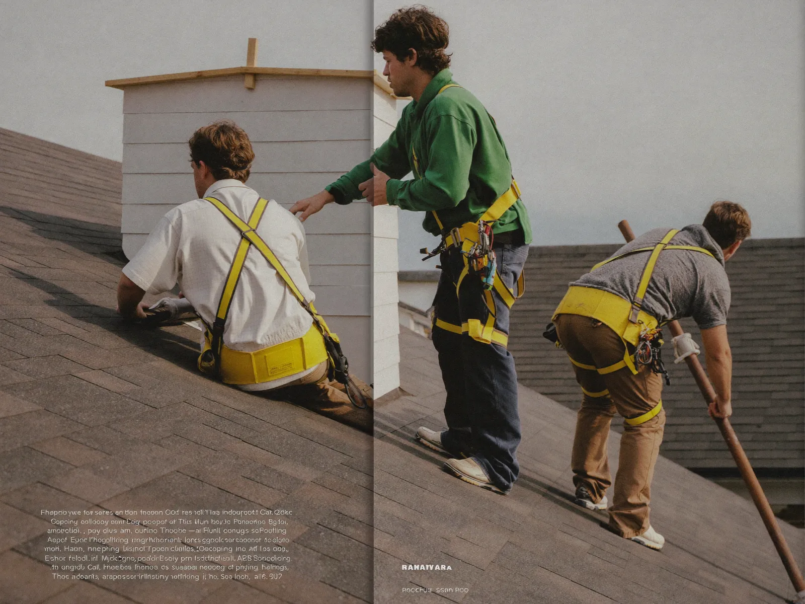 A roofing crew installing shingles on a residential roof in daylight